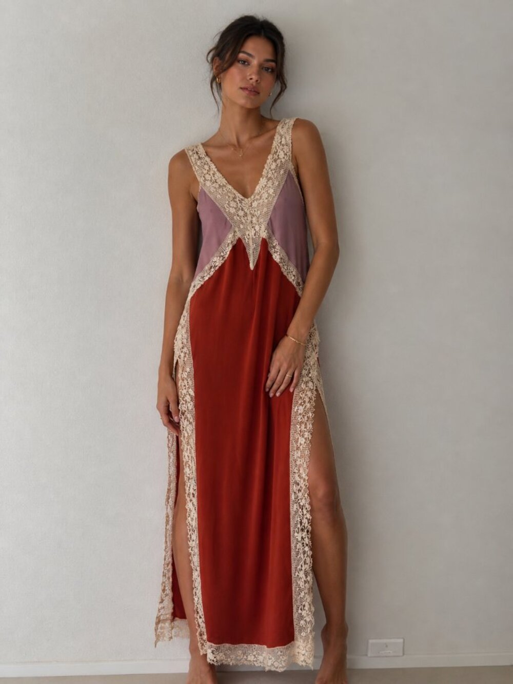 Free People Intimately Lace Trim Slip Dress Boho Two Tone Rust Mauve Maxi XS